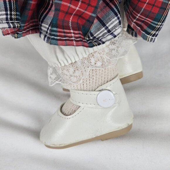 Vintage Delton Porcelain Doll Blue Eyes Blond Ringlets Denim Jumper Plaid Dress - Picture 8 of 16